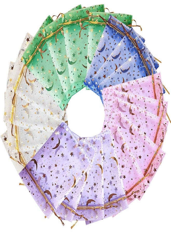 yuntop 100Pcs Moon Star Organza Jewelry Candy Pouch, Gift Bags Pouches for Wedding Party Valentine's Day (Mixed Color, 3.5 x 4.7 inch) - Image 1